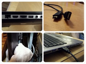 Top Left: HDMI port in a laptop (3rd hole from the left.) Top Right: HDMI Cable. Bottom Left: Plug one end of the cable into an HDMI port on your TV. Bottom Right: Plug the other end into your laptop.